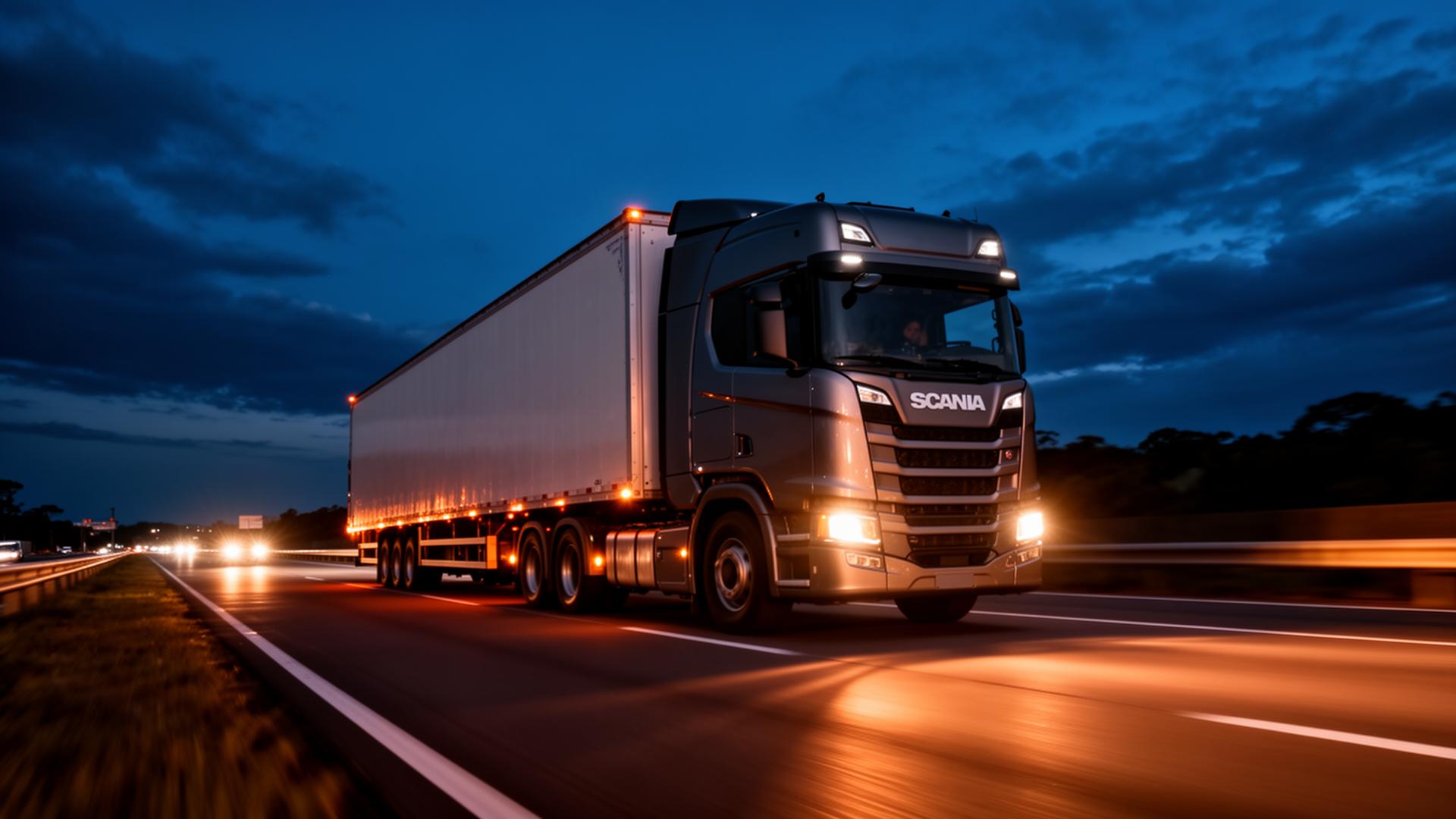 Caminhão Scania da G&D Transportes em rodovia à noite